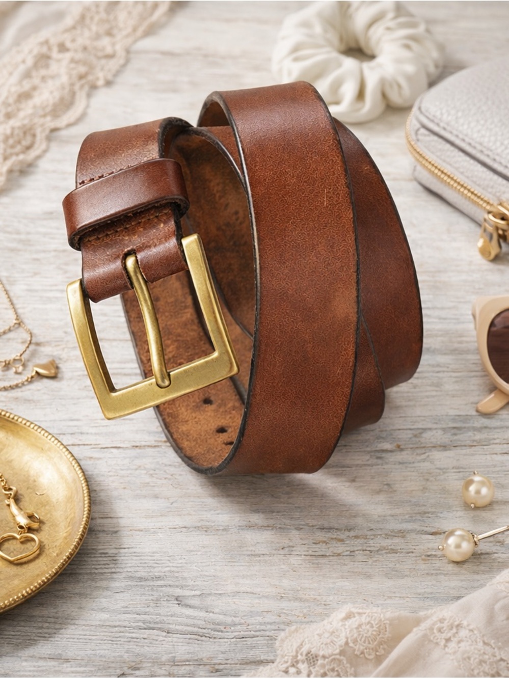 Brown Leather Belt Women Size 38 Brass Buckle Vintage Unisex